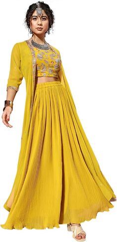 TRENDMALLS Women's Georgette Embroidery Crop Top with Flared Pleated Palazzo and Shrug Set in Saudi Arabia