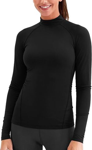 Zengjo Mock Neck Thermal Tops for Women Workout Running Athletic Long Sleeve Base Layer Shirt Light Compression Fleece Lined in Kuwait