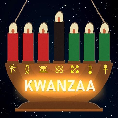أضواء Chunful Kwanzaa Menorah تعمل بالبطارية، شموع كينارا خشبية باللون الأحمر والأسود والأخضر معلقة على باب لافتة Kwanzaa ديكورات لاحتفالات التراث الأمريكي الأفريقي والمهرجانات وهدايا الحفلات المنزلية in Kuwait