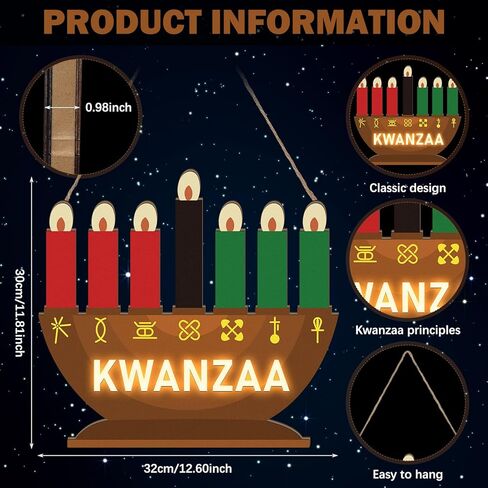 أضواء Chunful Kwanzaa Menorah تعمل بالبطارية، شموع كينارا خشبية باللون الأحمر والأسود والأخضر معلقة على باب لافتة Kwanzaa ديكورات لاحتفالات التراث الأمريكي الأفريقي والمهرجانات وهدايا الحفلات المنزلية in Kuwait