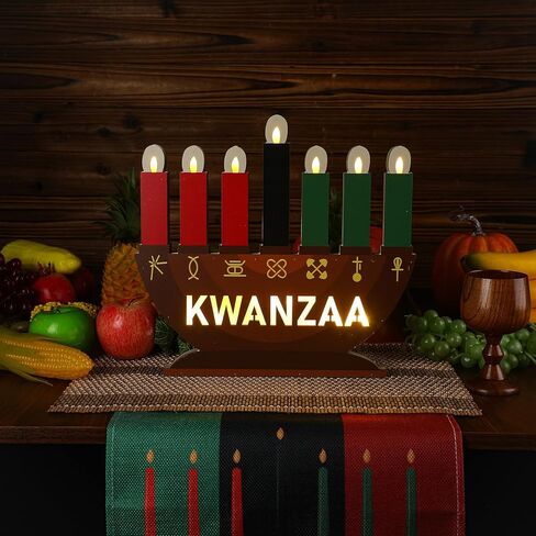 أضواء Chunful Kwanzaa Menorah تعمل بالبطارية، شموع كينارا خشبية باللون الأحمر والأسود والأخضر معلقة على باب لافتة Kwanzaa ديكورات لاحتفالات التراث الأمريكي الأفريقي والمهرجانات وهدايا الحفلات المنزلية in Kuwait