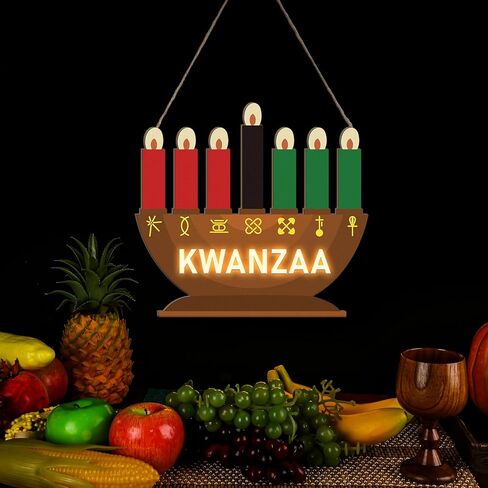 أضواء Chunful Kwanzaa Menorah تعمل بالبطارية، شموع كينارا خشبية باللون الأحمر والأسود والأخضر معلقة على باب لافتة Kwanzaa ديكورات لاحتفالات التراث الأمريكي الأفريقي والمهرجانات وهدايا الحفلات المنزلية in Kuwait