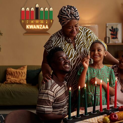 أضواء Chunful Kwanzaa Menorah تعمل بالبطارية، شموع كينارا خشبية باللون الأحمر والأسود والأخضر معلقة على باب لافتة Kwanzaa ديكورات لاحتفالات التراث الأمريكي الأفريقي والمهرجانات وهدايا الحفلات المنزلية in Kuwait