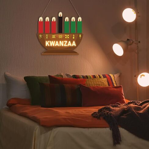 أضواء Chunful Kwanzaa Menorah تعمل بالبطارية، شموع كينارا خشبية باللون الأحمر والأسود والأخضر معلقة على باب لافتة Kwanzaa ديكورات لاحتفالات التراث الأمريكي الأفريقي والمهرجانات وهدايا الحفلات المنزلية in Kuwait