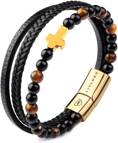 LONDON Mens Bracelet Leather Black Multi-Layer Stone Beads Magnetic Adjutable Steel Clasp Viking Rope Bands Surfer Man Wristband Male UK Jewellery Gift box Boyfriend Dad Son Brother Tiger Eye in Saudi Arabia