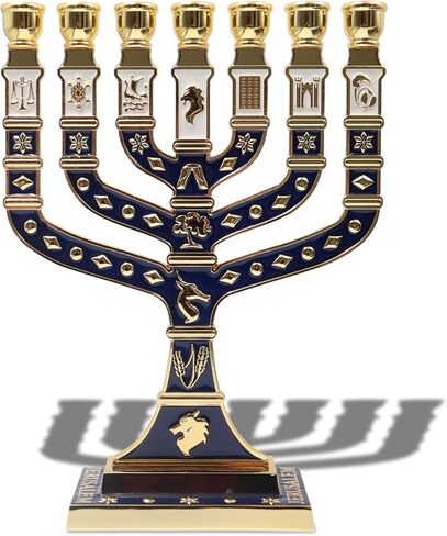 القدس الأزرق المينا 7 فرع الشمعدان 10.8 "ارتفاع، مع 12 قبيلة من إسرائيل، حاملات الشموع الشمعدان (10.8 بوصة) in Saudi Arabia