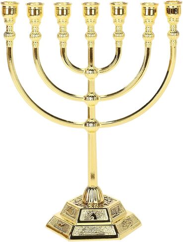 12 قبيلة من إسرائيل مينورا، معبد القدس 7 فروع حامل شموع يهودي (5 بوصات، ذهبي) in Kuwait