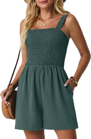 Lepunuo Womens Rompers for Summer Casual Smocked Jumpers Overalls Square Neck Jumpsuits with Pockets Beach Vacation in Saudi Arabia