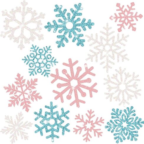 Geyee 96 Pcs Snowflakes Cutouts 12 Styles Glitter Snowflakes Board Cutouts Ornaments with Glue Point Dots for Winter Christmas Wonderland Party Home Decoration(Blue, Silver) in Saudi Arabia