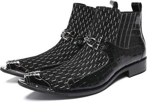 Santimon Men's Genuine Leather Dress Chelsea Ankle Boots – Metal Pointed Toe Casual Luxury Cowboy Boots with Buckle – Fashion Party Western Boots for Club, Wedding, Stage Performance in Saudi Arabia