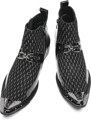 Santimon Men's Genuine Leather Dress Chelsea Ankle Boots – Metal Pointed Toe Casual Luxury Cowboy Boots with Buckle – Fashion Party Western Boots for Club, Wedding, Stage Performance in Saudi Arabia