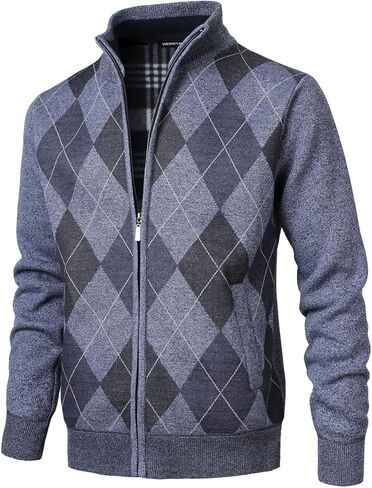 Men's Argyle Cardigan Full Zip Knitwear Fleece Lined Jumper Knit Sweater in Saudi Arabia