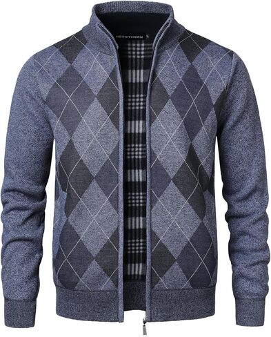 Men's Argyle Cardigan Full Zip Knitwear Fleece Lined Jumper Knit Sweater in Saudi Arabia