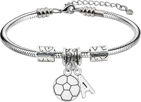 Personalized Soccer Charm Bracelet for Girls – Silver Snake Chain with Soccer Ball and Initial Letter Charms – Custom Gift for Players, Teams, and Coaches in Saudi Arabia