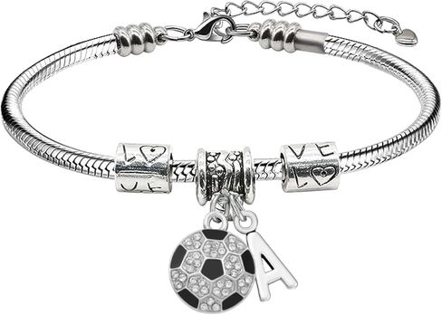 Personalized Soccer Charm Bracelet for Girls – Silver Snake Chain with Soccer Ball and Initial Letter Charms – Custom Gift for Players, Teams, and Coaches in Saudi Arabia