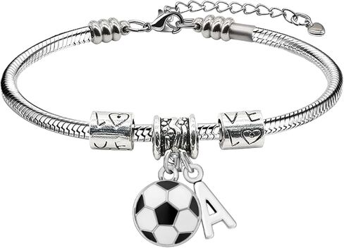 Personalized Soccer Charm Bracelet for Girls – Silver Snake Chain with Soccer Ball and Initial Letter Charms – Custom Gift for Players, Teams, and Coaches in Saudi Arabia