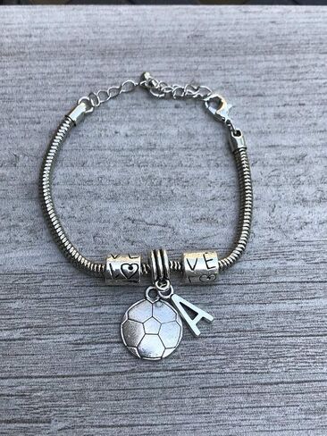 Personalized Soccer Charm Bracelet for Girls – Silver Snake Chain with Soccer Ball and Initial Letter Charms – Custom Gift for Players, Teams, and Coaches in Saudi Arabia