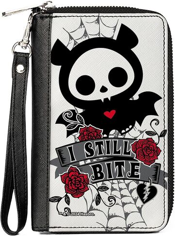 Buckle-Down Skelanimals Wallet, Zip Around, Skelanimals Diego the Bat I Still Bite Pose White Gray Black, Vegan Leather in Saudi Arabia