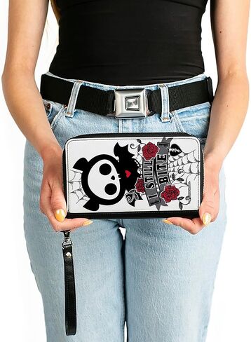 Buckle-Down Skelanimals Wallet, Zip Around, Skelanimals Diego the Bat I Still Bite Pose White Gray Black, Vegan Leather in Saudi Arabia