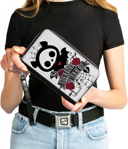 Buckle-Down Skelanimals Wallet, Zip Around, Skelanimals Diego the Bat I Still Bite Pose White Gray Black, Vegan Leather in Saudi Arabia