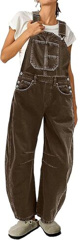 Flamingals Barrel Leg Stitch Detail Button Side Denim Overalls for Women Casual Jumpsuits with Pockets in Kuwait
