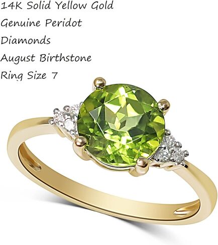 14K Yellow Gold Genuine Peridot 8mm, Diamonds Ring (August Birthstone) in Saudi Arabia