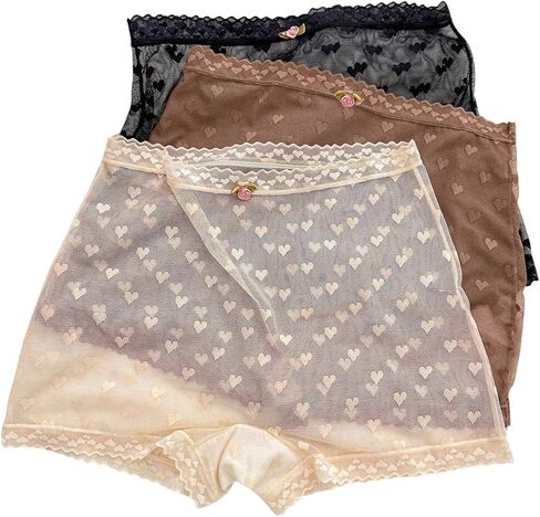 WDIRARA Women's 3 Pack Heart Mesh Sheer Boy Shorts Lace Trim Brief Panties Underwear in Saudi Arabia
