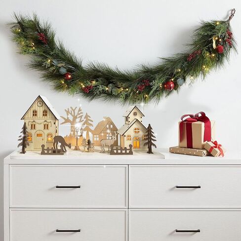 ديكور مكتبي لمنزل عيد الميلاد الخشبي بإضاءة LED، منزل قرية عيد الميلاد مع أضواء 15.7 بوصة بطارية 2AAA تعمل من أجل قطع مركزية لطاولة عيد الميلاد وديكور المنزل في العطلات. in Kuwait