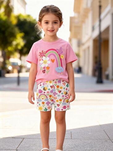 Girls 2 Piece Summer Casual Outfit, Rainbow Flower Print Short Sleeve T-Shirt & Matching Shorts Set for Toddler in Saudi Arabia