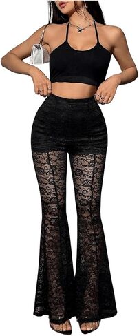 Floerns Women's Floral Lace Sheer Bell Bottom Pants Elastic High Waist Party Club Flare Trousers in Saudi Arabia