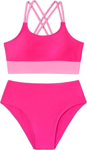 ملابس سباحة للفتيات بحزام مزدوج، ملابس سباحة مرنة للمراهقين، بيكيني مكون من قطعتين، مقاس 7-14 سنة in Kuwait