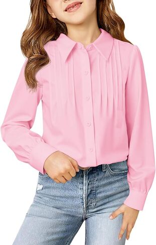 Haloumoning Girls Shirts Puff Long Sleeve Button Down Blouse Pleated School Uniform Dress Shirt Tops 5-14 Years in Saudi Arabia