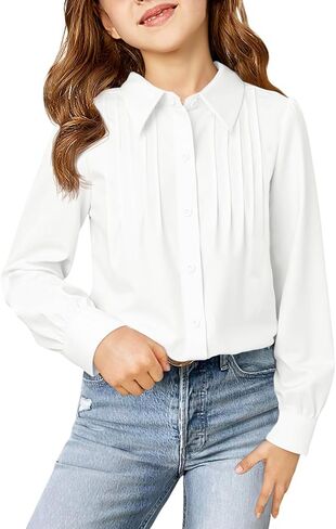 Haloumoning Girls Shirts Puff Long Sleeve Button Down Blouse Pleated School Uniform Dress Shirt Tops 5-14 Years in Saudi Arabia