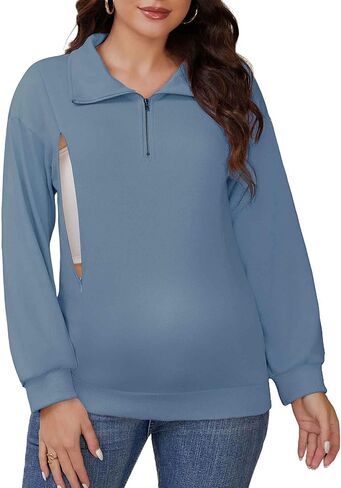 Womens Nursing Hidden Zipper Polo Shirt Pregnancy Long Sleeve Pullover Top Breastfeeding Maternity Sweatshirt in Saudi Arabia