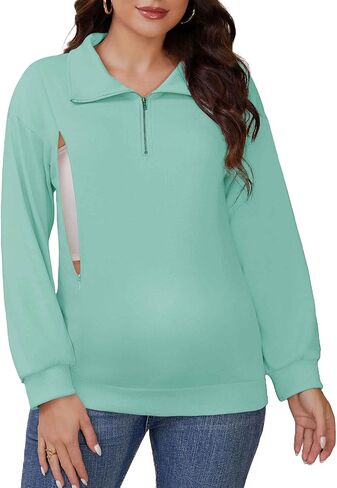 Womens Nursing Hidden Zipper Polo Shirt Pregnancy Long Sleeve Pullover Top Breastfeeding Maternity Sweatshirt in Saudi Arabia