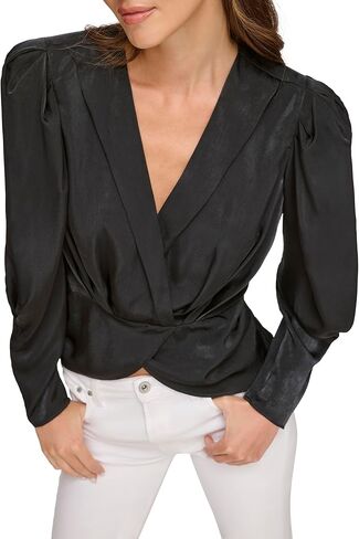 بلوزة DKNY حريمي Surplice برقبة على شكل حرف V، أسود S in Saudi Arabia