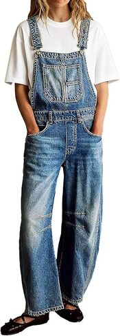 Flamingals Overalls Barrel Leg Adjustable Strap Denim Pants Jumpsuits with Pockets Jeans for Women in Saudi Arabia