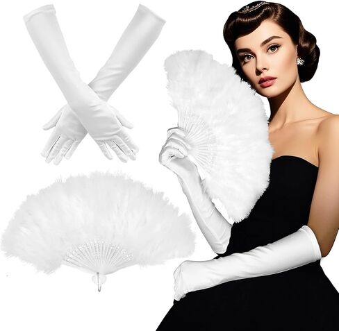 2 Pcs 1920s Vintage Style Flapper Hand Fan Gloves Set for Costume Dancing Show Tea Party Wedding Decoration（White） in Saudi Arabia