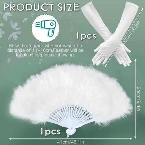 2 Pcs 1920s Vintage Style Flapper Hand Fan Gloves Set for Costume Dancing Show Tea Party Wedding Decoration（White） in Saudi Arabia