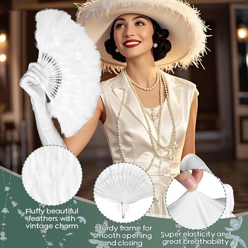 2 Pcs 1920s Vintage Style Flapper Hand Fan Gloves Set for Costume Dancing Show Tea Party Wedding Decoration（White） in Saudi Arabia