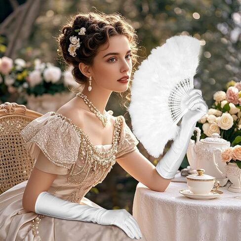 2 Pcs 1920s Vintage Style Flapper Hand Fan Gloves Set for Costume Dancing Show Tea Party Wedding Decoration（White） in Saudi Arabia
