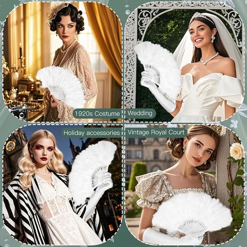 2 Pcs 1920s Vintage Style Flapper Hand Fan Gloves Set for Costume Dancing Show Tea Party Wedding Decoration（White） in Saudi Arabia