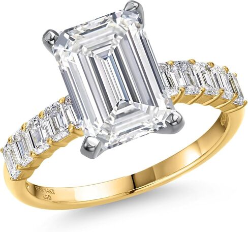 خاتم خطوبة من Gem Stone King من 1.65 إلى 5.90 قيراط من قطع الزمرد Lab Grown Diamond للنساء | نغمتان من الذهب الأبيض والأصفر عيار 14 قيراط | معتمد من IGI | لون E-F | وضوح VS1 | مقاس 5، 6، 7، 8، 9 in Kuwait