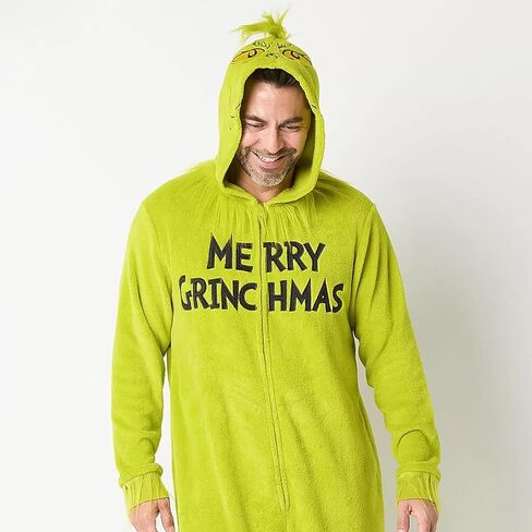 MJC The Grinch Union Suit Men's Merry Grinchmas Zip Up Plush Hooded One Piece Loungewear in Saudi Arabia