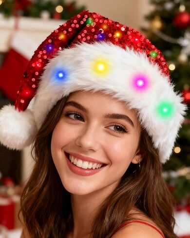 Hikkcos تضيء قبعة عيد الميلاد Led سباركلي سانتا قبعة أحمر بريق الترتر بلينغ مضيء قبعة للبالغين السنة الجديدة عيد الميلاد حفلة مهرجان in Saudi Arabia