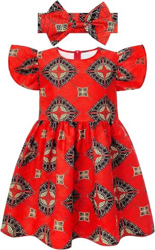 Haysandy 2 Pcs African Toddler Girl Dashiki Ankara Outfit African Dashiki Dress Headband Set Print Summer Party Clothes in Saudi Arabia