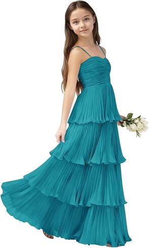 الشيفون مطوي فستان العروسة جونيور الأميرة عيد ميلاد المتدرج كشكش حفلة موسيقية ثوب الزفاف طويل زهرة فتاة اللباس in Kuwait