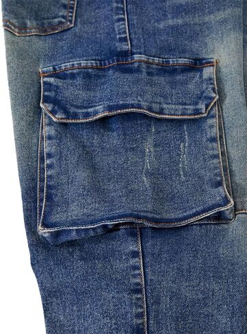 بنطلون جينز Nivne Tco Tween Boys من قماش الدنيم المتعثر والمغسول والممزق والمهترئ بقصة ضيقة وسحاب أزرق مع جيوب للشحن in Kuwait