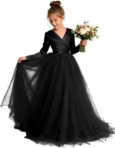 Long Sleeve Flower Girl Dresses for Wedding Tulle Pageant Dresses for Girls Satin Princess Formal Dress in Kuwait