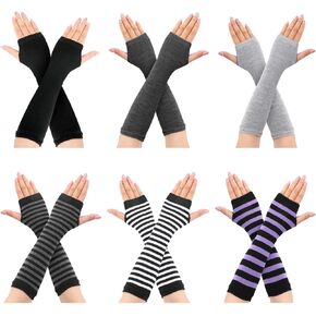 6 أزواج من قفازات البانك القوطية الطويلة بدون أصابع، قفازات مخططة لتدفئة الذراع، قفازات بفتحة الإبهام للنساء in Kuwait
